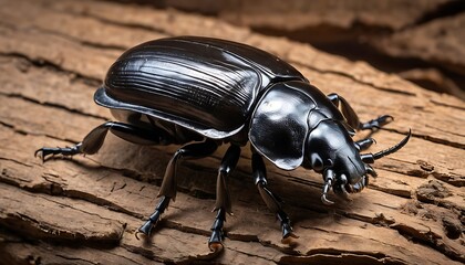 Black Beetle Crawling on Weathered Wood Texture Macro