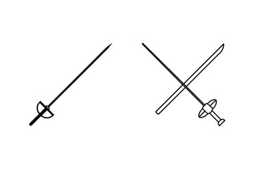 Two simple black line art illustrations of fencing swords for sport and design
