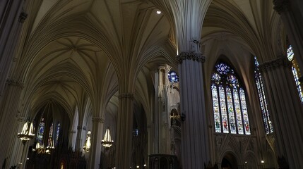 Inside view of a Gothic cathedral, ornate pointed arches and ribbed vaults creating a majestic ambiance, sunlight filtering through stained glass, expansive shot.  