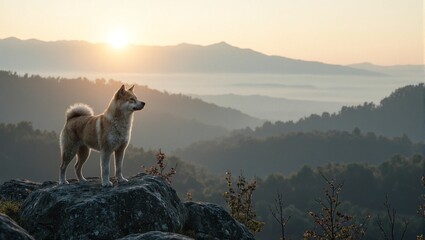 Obraz premium Akita dog overlooks misty valley