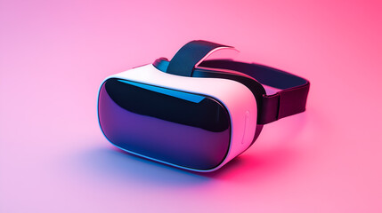 a virtual reality headset on a gradient pink and blue background, showcasing futuristic technology