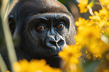 A Gorilla’s Calm Gaze in the Golden Sunrise – Portrait of Strength and Serenity in the Wild.