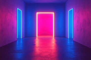 Neon illuminated doors in a blue and pink room with shiny floor and bright colorful light