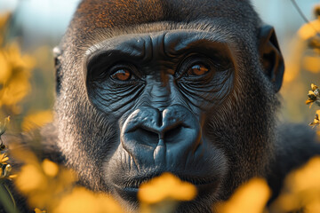 A Gorilla’s Calm Gaze in the Golden Sunrise – Portrait of Strength and Serenity in the Wild.