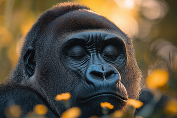 A Gorilla’s Calm Gaze in the Golden Sunrise – Portrait of Strength and Serenity in the Wild.