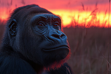 A Gorilla’s Calm Gaze in the Golden Sunrise – Portrait of Strength and Serenity in the Wild.