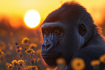 A Gorilla’s Calm Gaze in the Golden Sunrise – Portrait of Strength and Serenity in the Wild.