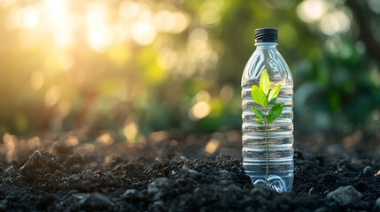 A small plant seedling growing inside a clear plastic bottle, placed in dark soil. Sunlight shines from behind.