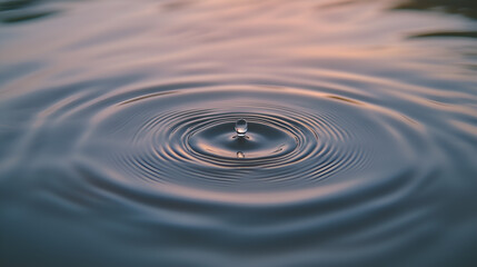 A water droplet creates concentric circles on a serene water surface