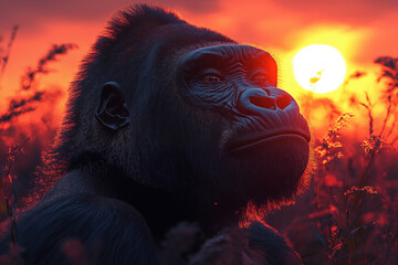 A Gorilla’s Calm Gaze in the Golden Sunrise – Portrait of Strength and Serenity in the Wild.