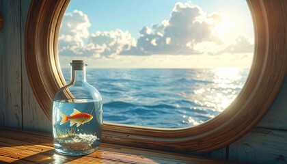 Obraz premium Hyper-realistic Fish in Glass Bottle on Window Sill