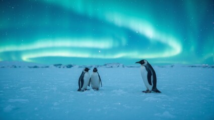 Obraz premium Penguin waddling under aurora borealis