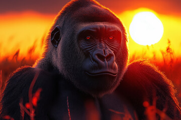 A Gorilla’s Calm Gaze in the Golden Sunrise – Portrait of Strength and Serenity in the Wild.