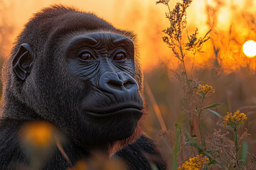 A Gorilla’s Calm Gaze in the Golden Sunrise – Portrait of Strength and Serenity in the Wild.