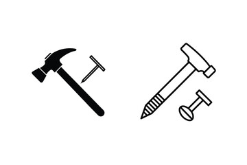 Black and white hammer and nail illustrations representing construction and diy projects