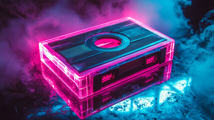 Neon audio cassette evoking 90s nostalgia and retro music vibes