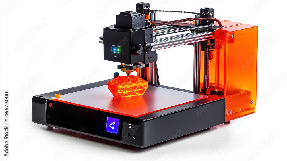 Poster 3d printer creating vibrant orange object, showcasing advanced technology and precision in crafting 