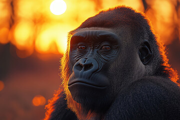 A Gorilla’s Calm Gaze in the Golden Sunrise – Portrait of Strength and Serenity in the Wild.