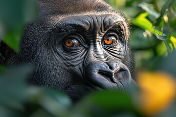 A Gorilla’s Calm Gaze in the Golden Sunrise – Portrait of Strength and Serenity in the Wild.
