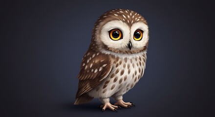 Fototapeta premium Cartoon Owl Standing on Dark Background, Looking Forward