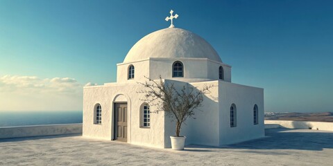 White domed church with cross against clear blue sky overlooking the sea, greece