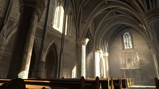 Interior of an ancient church, worn wooden pews beneath towering stone arches, soft light illuminating aged carvings, upward dramatic framing. 