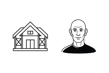 Illustrated black and white barn and smiling bald man vector graphic design