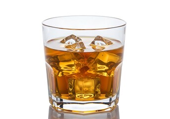 A glass filled with an amber liquid and ice cubes on a white background in a studio shot image