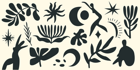 Scandinavian folk shapes with plants, moon, stars, body silhouette. Ethnic folk stickers in nordic style. Boho doodle black silhouettes. Hand drawn vector illustration in minimalist flat style © luamor