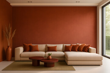 Modern Living Room with a Beige Sofa and Orange Wall