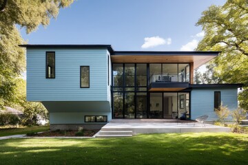 Cantilevered upper floor with light blue siding 
