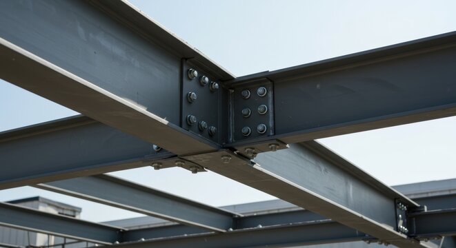 Industrial steel beam construction framework with bolted connections in clear sky