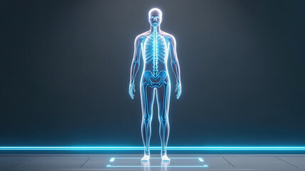 Human skeleton glowing in futuristic digital display
