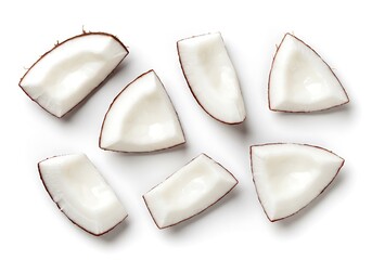 A top view of seven pieces of coconut arranged on a white background in a studio setting