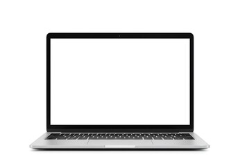A front view of a laptop with a blank white screen on a white background in a studio setting isolated