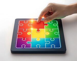 Person's hand assembling colorful puzzle pieces on a digital tablet representing solution 180 degrees of creativity and problem solving