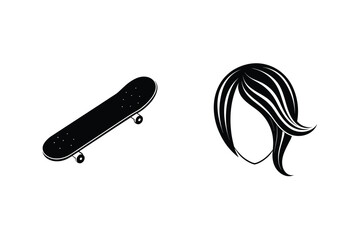 Black and white illustration of skateboard and stylish hair for design elements
