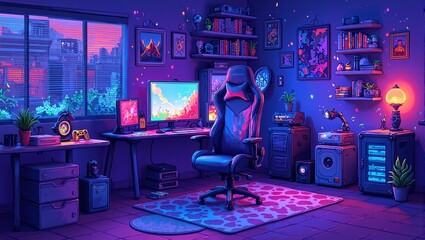 Vibrant lo fi gaming room with led and console