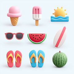 Summer themed 3D icons including ice cream, sunglasses
