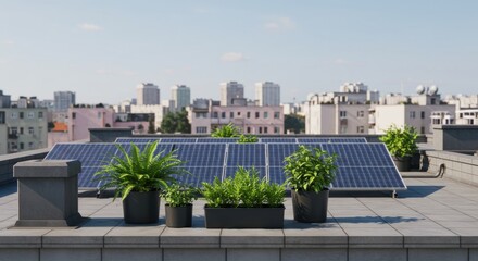 Fototapeta premium Rooftop garden with solar panels against urban skyline at daytime