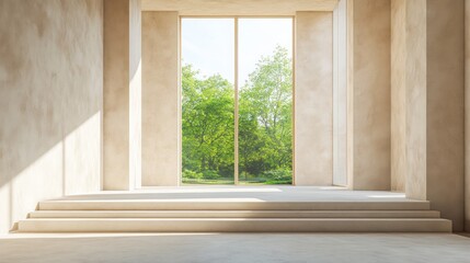 Sunlit room, steps, large window, garden view, interior design