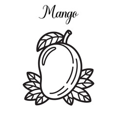 Coloring page of a ripe mango with leaves, perfect for fruit and nature-related content.