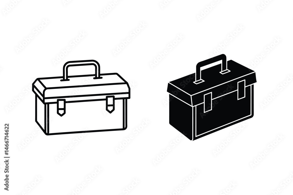 Poster minimalist vector illustration of a toolbox in outline and solid black with white background