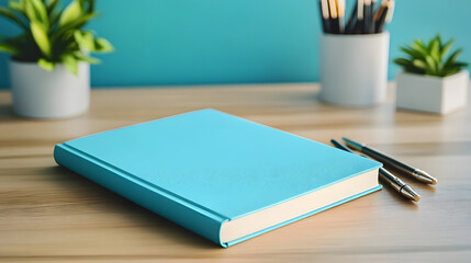 Elegant turquoise sketchbook on a wooden desk with pens and plants, perfect for architects and designers