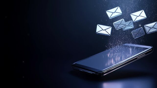 3D message symbols flowing out of a silver mobile phone in dark blue background representation a message sending 