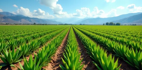 Expansive aloe vera plantation, rows stretching to horizon, wide, horizontal