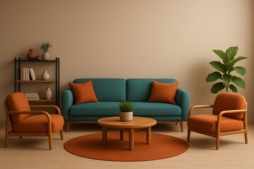 Living Room Scene with Teal Sofa and Orange Accents