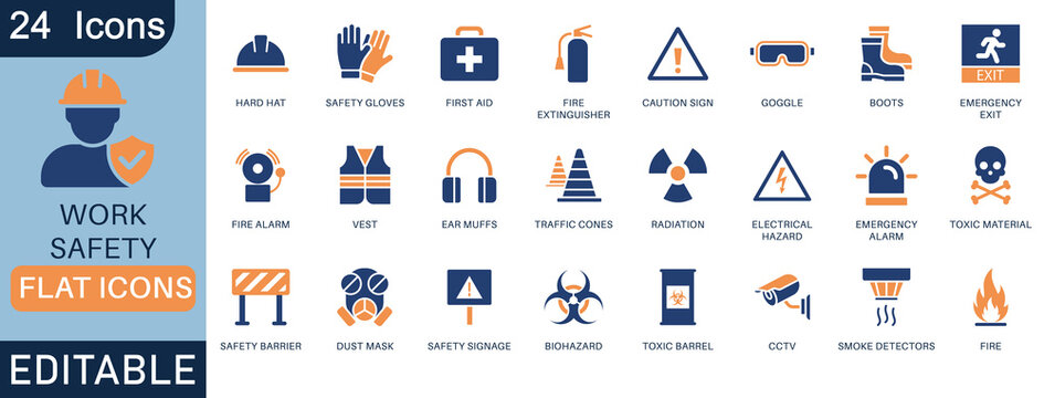 Work safety icon set. Featuring essential elements like hard hat, risk management, first aid kit, ear protection, CCTV, hazard warnings, and more. Ideal for infographics, apps, and manuals.
