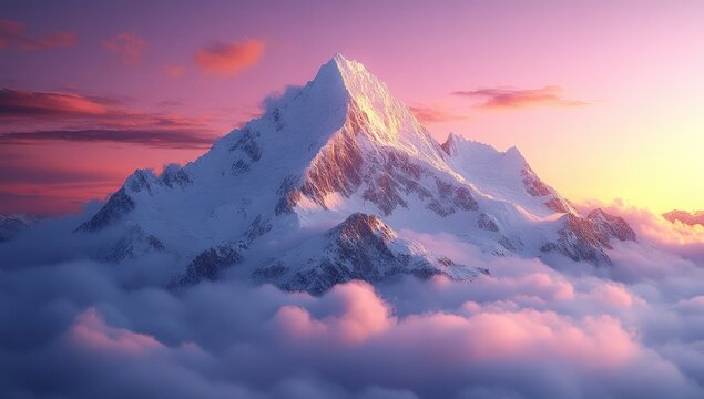 Snowy peak rises above clouds at a pastel sunset