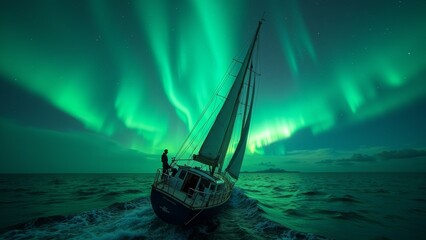 Sailing boats on the sea under the aurora